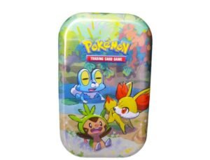 Lege mini tin met Chespin, Fennekin en Froakie, groot vooraanzicht