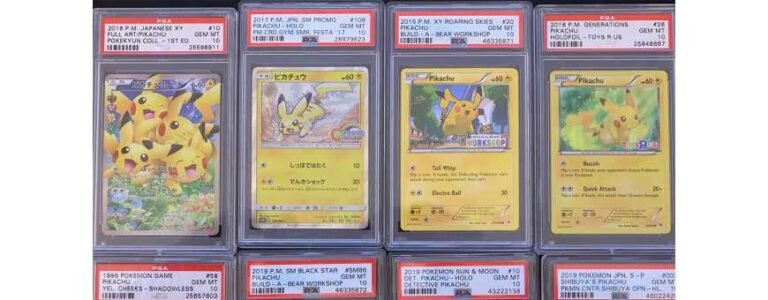 Rij PSA-slabs met graded Pikachu-kaarten naast elkaar