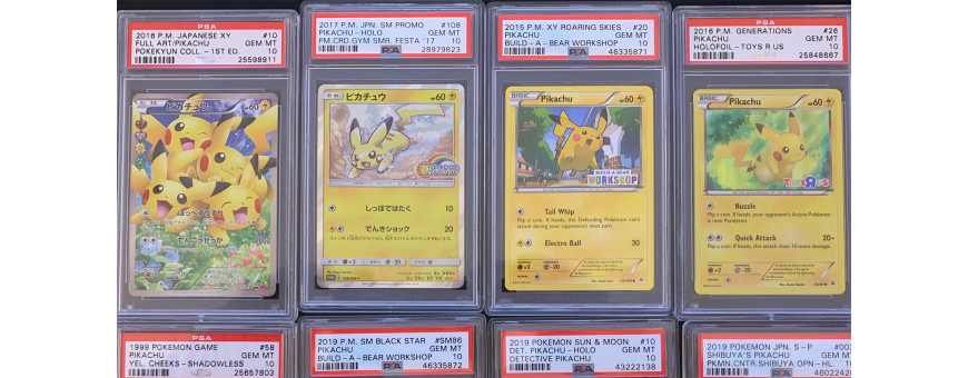 Rij PSA-slabs met graded Pikachu-kaarten naast elkaar