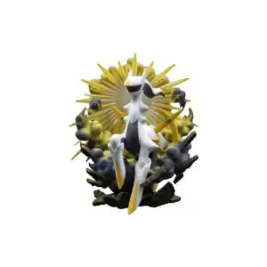 Beeldje van Arceus met gouden ring en een basis van zwarte wolken