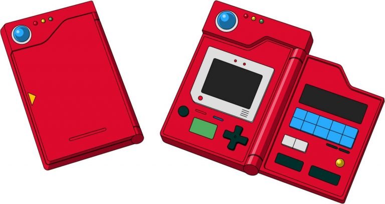 Illustratie van een rode Pokédex, dichtgeklapt en opengeklapt