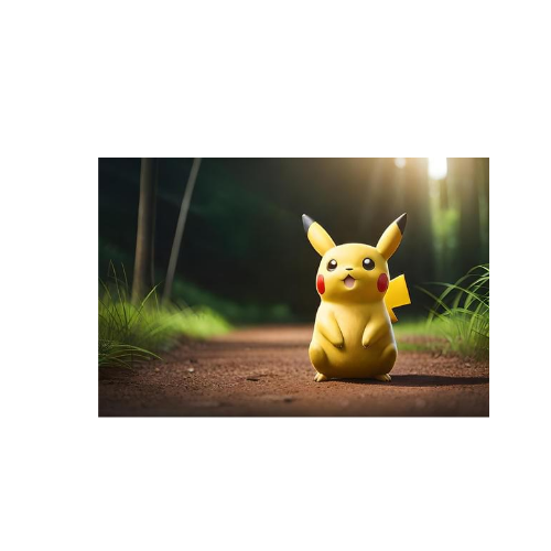 Pikachu-figuur op een bospad in zonlicht