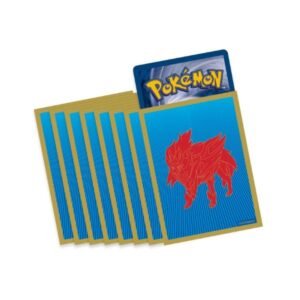 Sword & Shield sleeves met rode Zamazenta, uitgewaaierd met kaart erachter