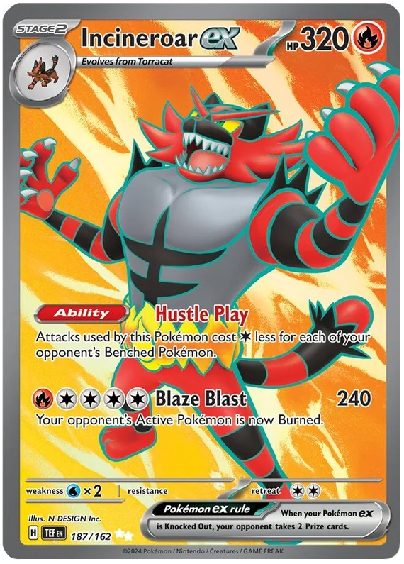 Pokémon-kaart Incineroar ex 187 uit Temporal Forces, full art met Hustle Play en Blaze Blast