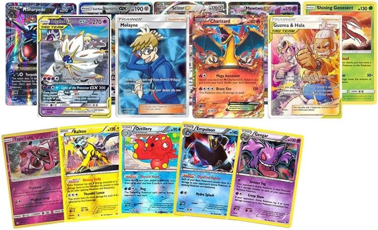 Collage van diverse Pokémon-kaarten, waaronder Charizard en kaarten met gele rand