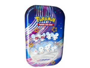 Lege mini tin met Maushold en sterren op een paarse achtergrond, vooraanzicht