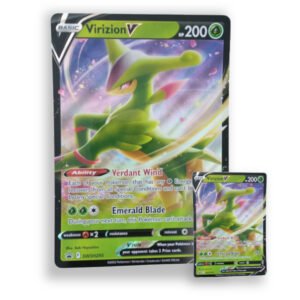 Jumbo Pokémon-kaart Virizion V met de aanval Emerald Blade, met de gewone kaart ernaast ter vergelijking