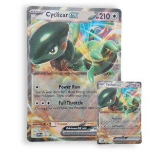 Jumbo Pokémon-kaart Cyclizar ex met de aanvallen Power Run en Full Throttle, naast de gewone kaart