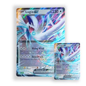 Jumbo Pokémon-kaart Lugia ex met de aanvallen Rising Wind en Aero Dive, naast de kaart op normaal formaat
