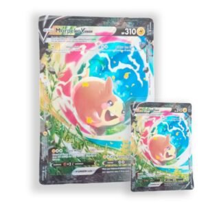Jumbo Pokémon-kaart Morpeko V-Union met de kaart op normaal formaat ernaast ter vergelijking