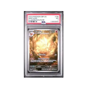 Voorkant van Ninetales 199 Illustration Rare uit Obsidian Flames, graded PSA 7 NM in slab