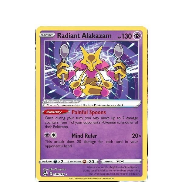 Pokémon-kaart Radiant Alakazam uit Silver Tempest, met de ability Painful Spoons en de aanval Mind Ruler