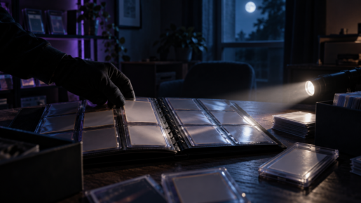 Verzameling trading cards in sleeves en een slab, klaargelegd om vast te leggen voor de verzekering